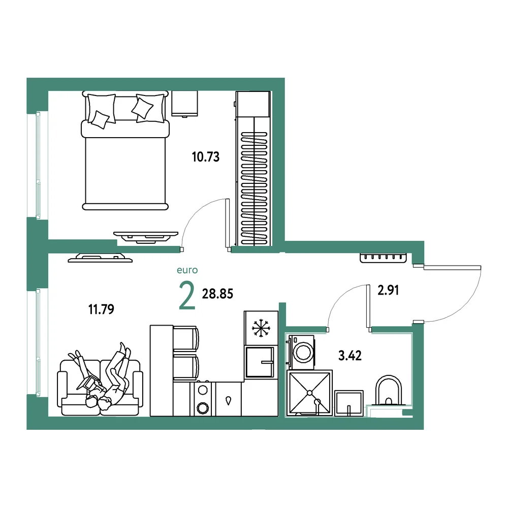 Планировка: Сердце Сибири 2-комнатная 28,85м²