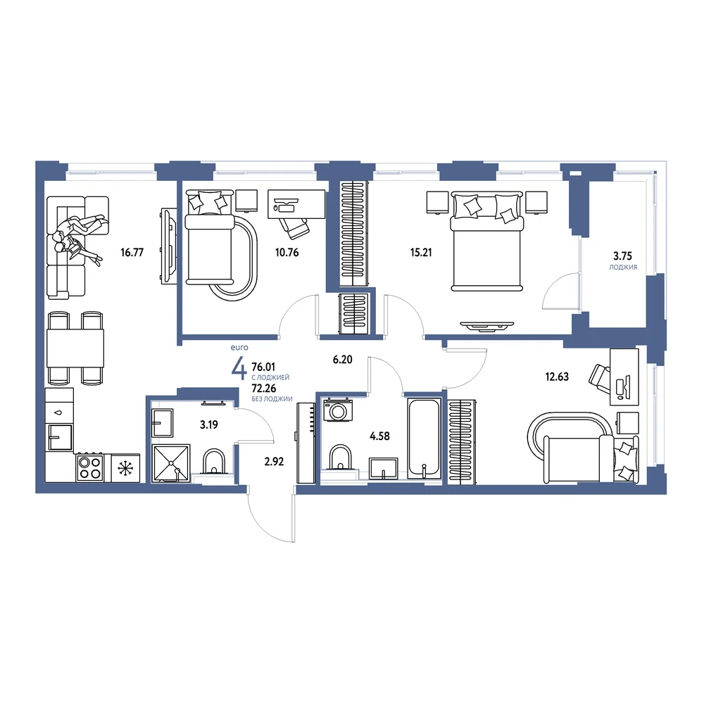 Планировка: Сердце Сибири 4-комнатная 76,01м²