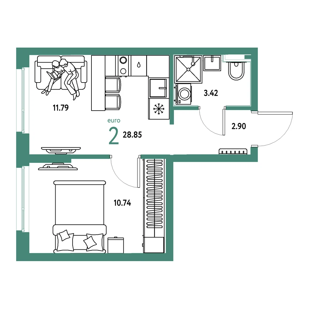 Планировка: Сердце Сибири 2-комнатная 28,85м²