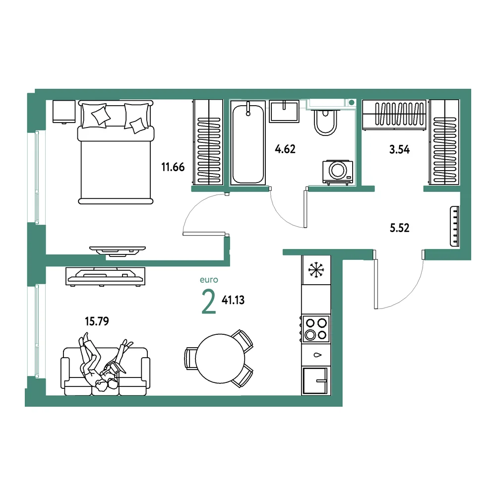 Планировка: Сердце Сибири 2-комнатная 41,13м²