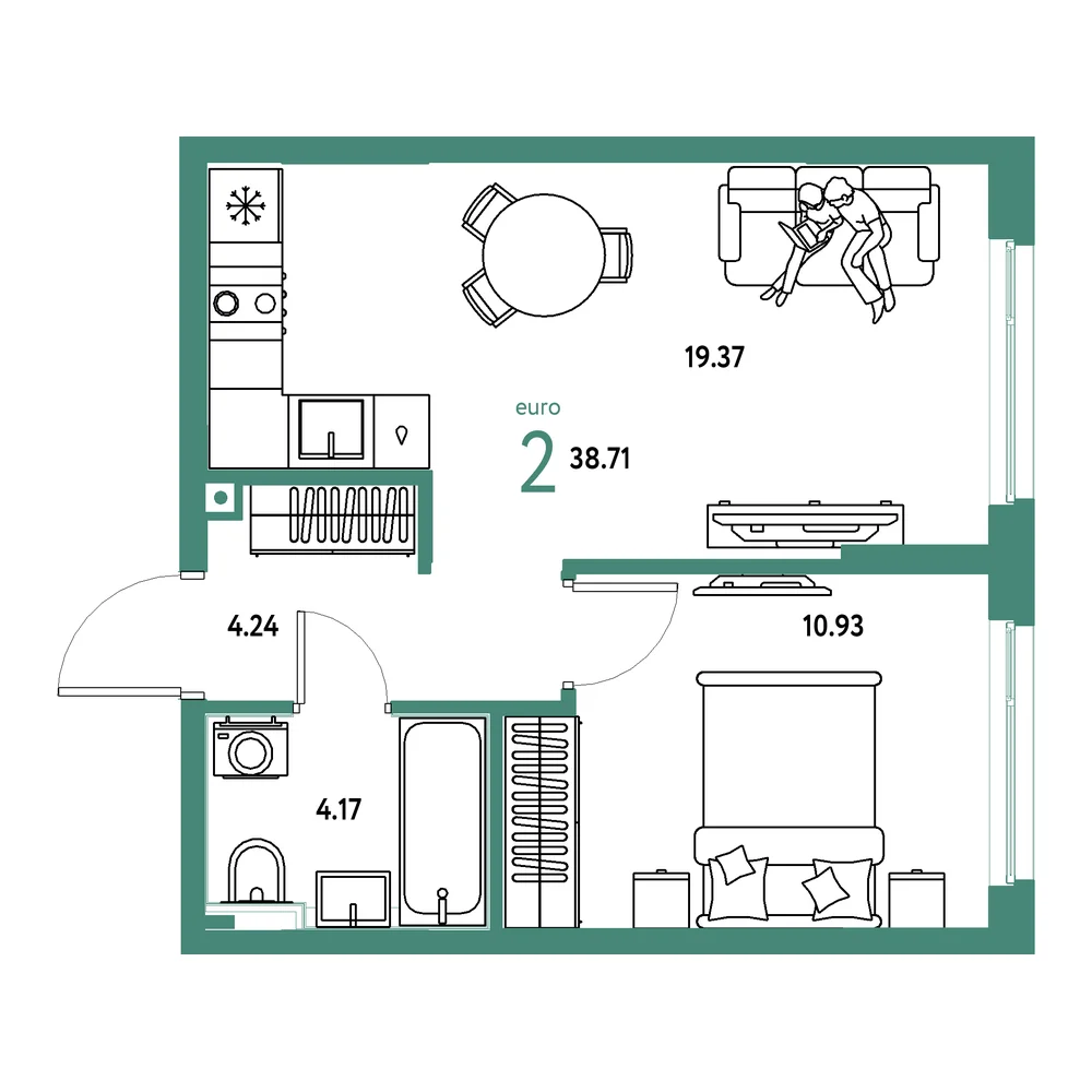 Планировка: Сердце Сибири 2-комнатная 38,71м²