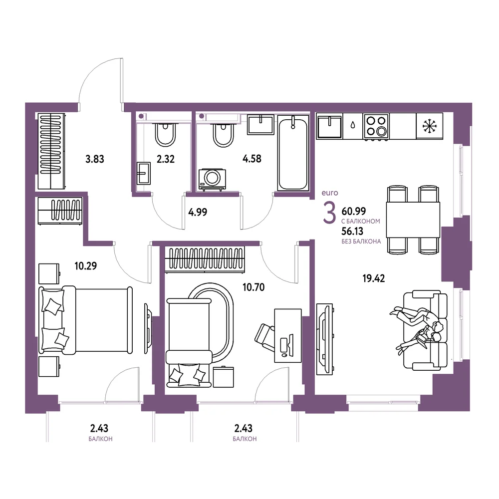 Планировка: Сердце Сибири 3-комнатная 60,99м²
