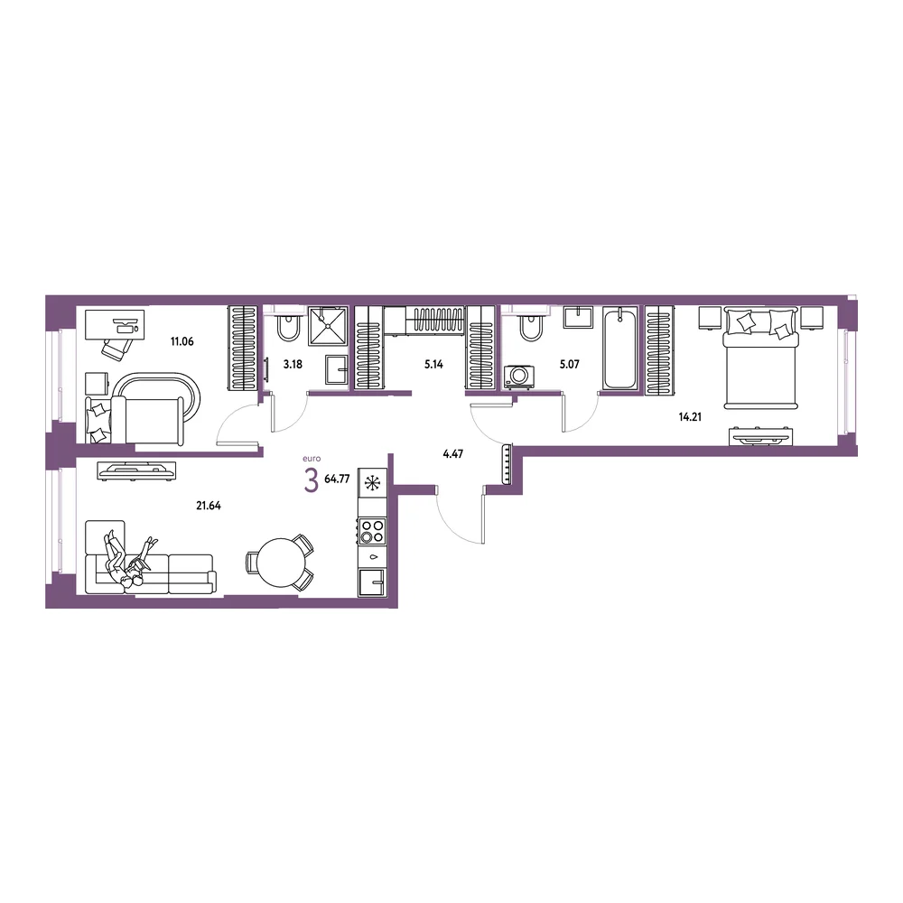 Планировка: Сердце Сибири 3-комнатная 64,77м²