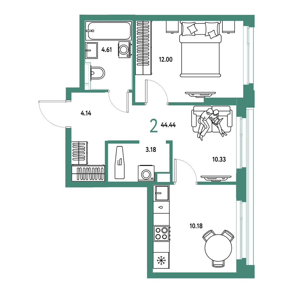 Планировка: Сердце Сибири 2-комнатная 44,44м²