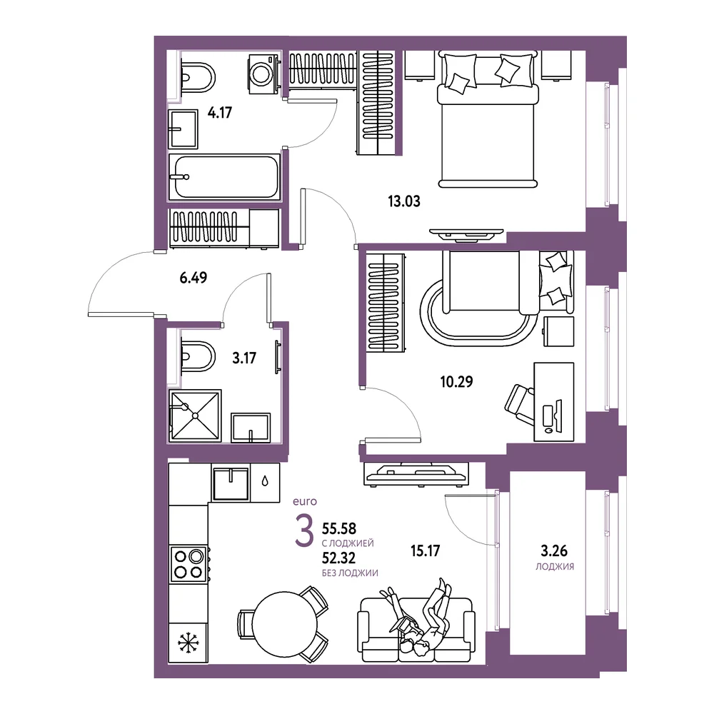 Планировка: Сердце Сибири 3-комнатная 55,58м²