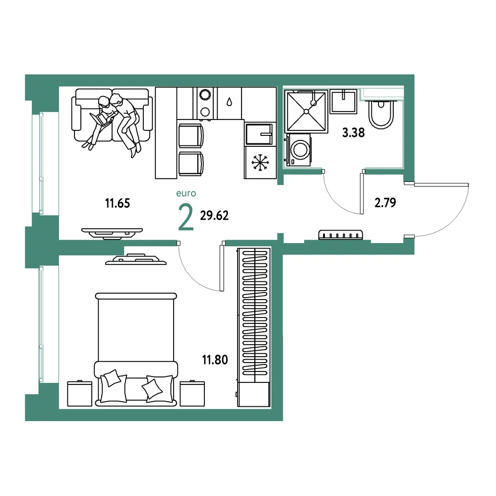 Планировка: Сердце Сибири 2-комнатная 29,62м²