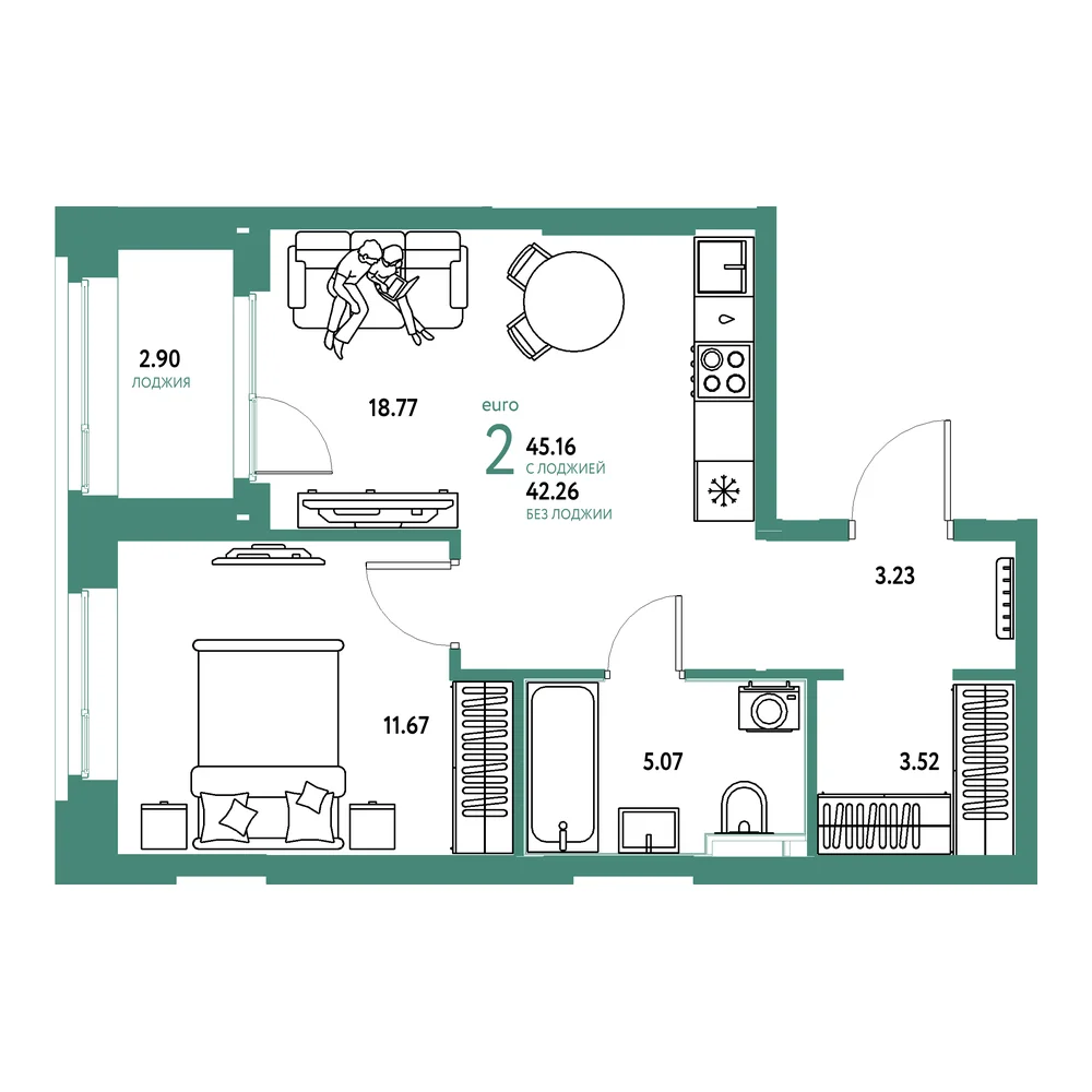 Планировка: Сердце Сибири 2-комнатная 45,16м²