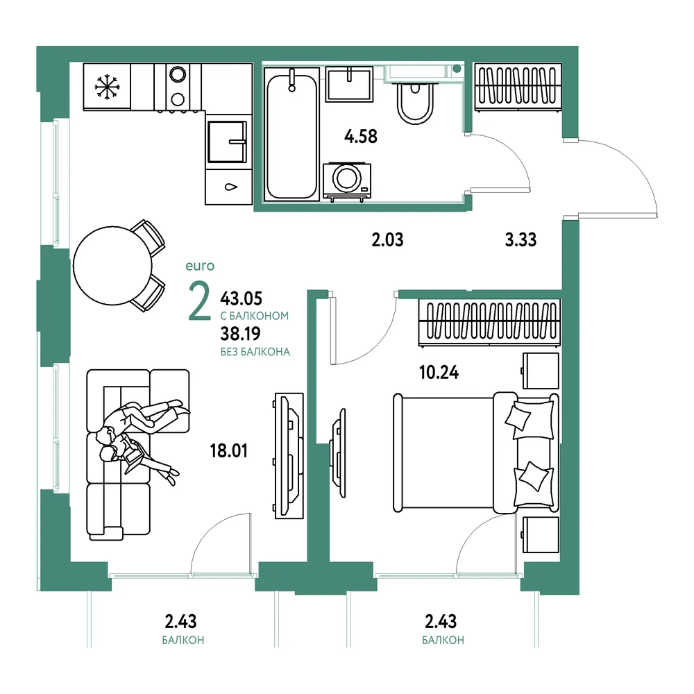 Планировка: Сердце Сибири 2-комнатная 43,05м²