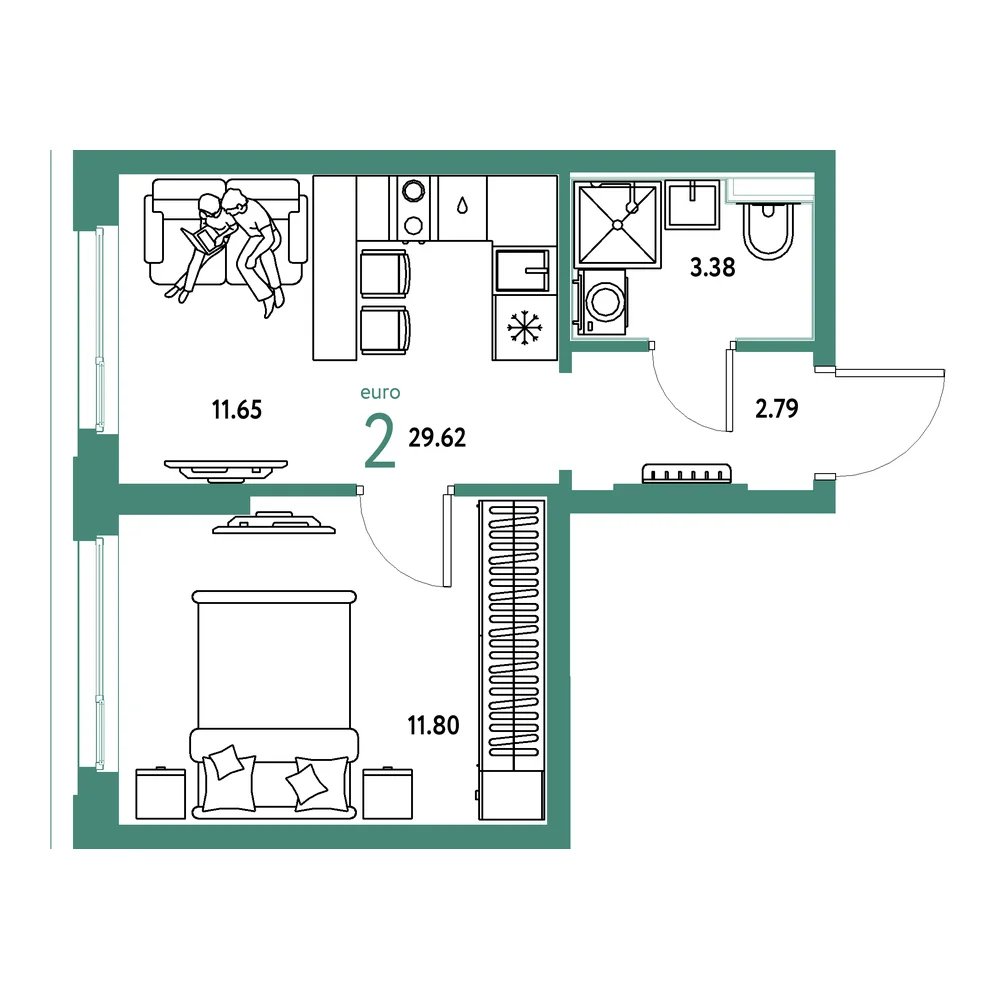 Планировка: Сердце Сибири 2-комнатная 29,62м²