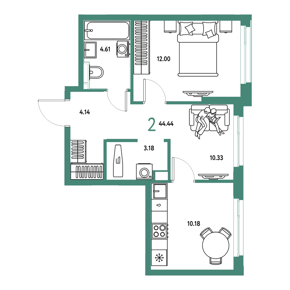Планировка: Сердце Сибири 2-комнатная 44,44м²