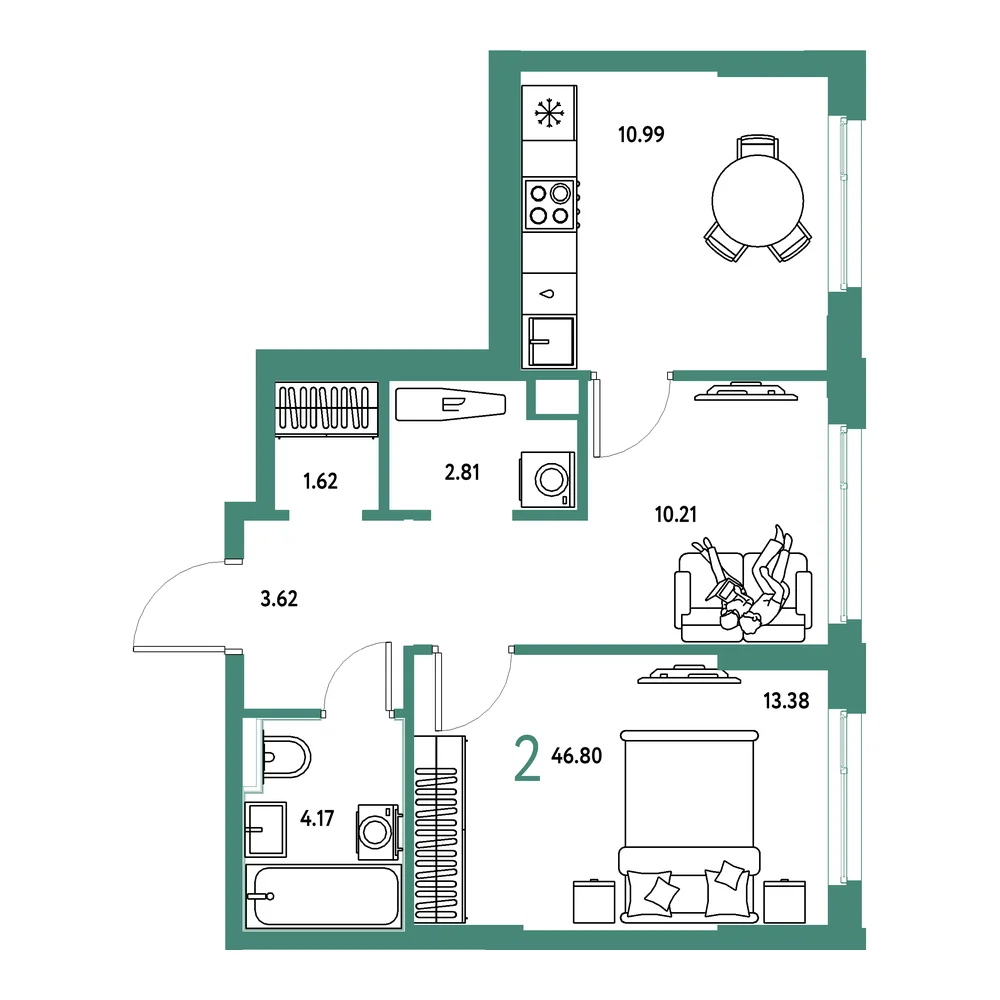 Планировка: Сердце Сибири 2-комнатная 46,80м²