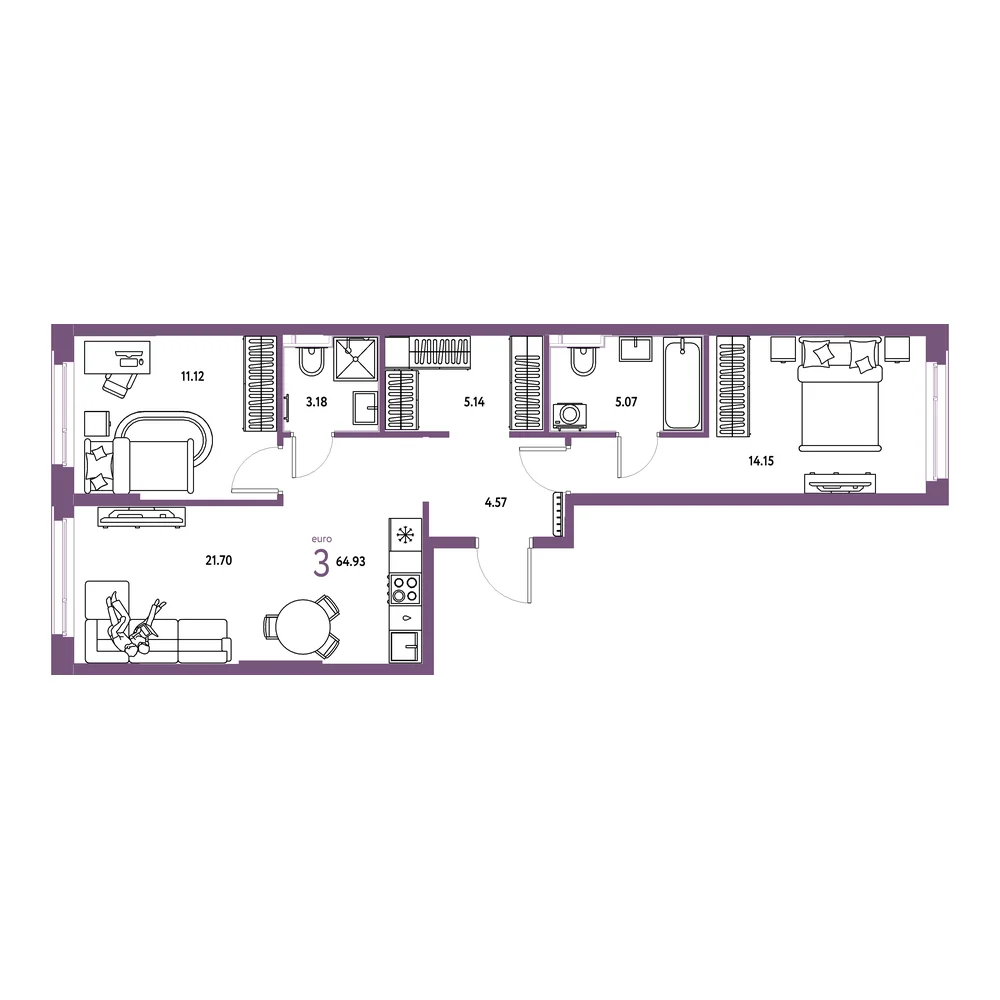 Планировка: Сердце Сибири 3-комнатная 64,93м²
