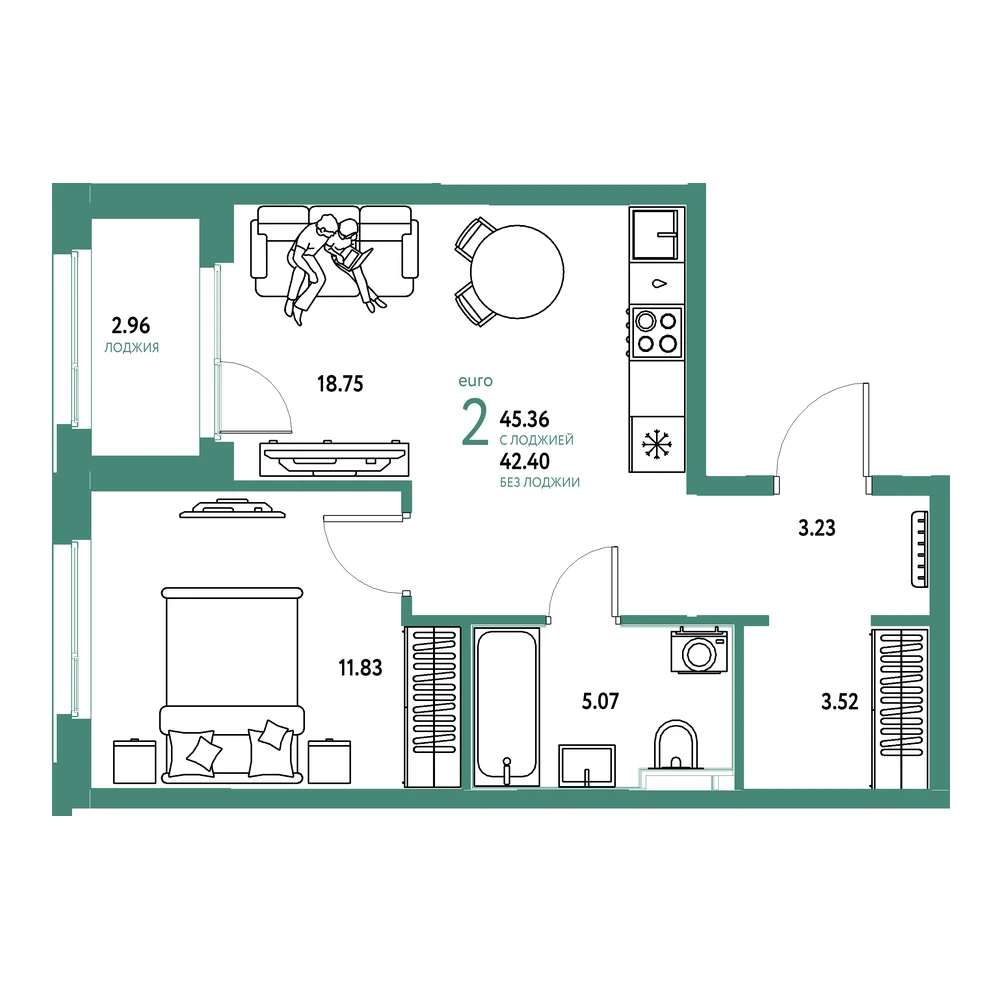 Планировка: Сердце Сибири 2-комнатная 45,36м²