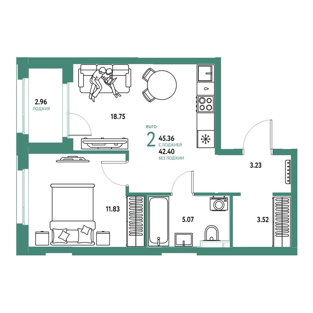 Планировка: Сердце Сибири 2-комнатная 45,36м²