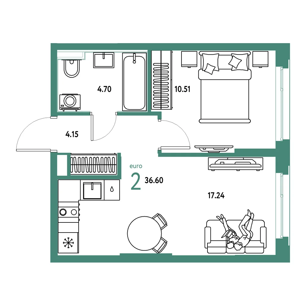Планировка: Сердце Сибири 2-комнатная 36,60м²