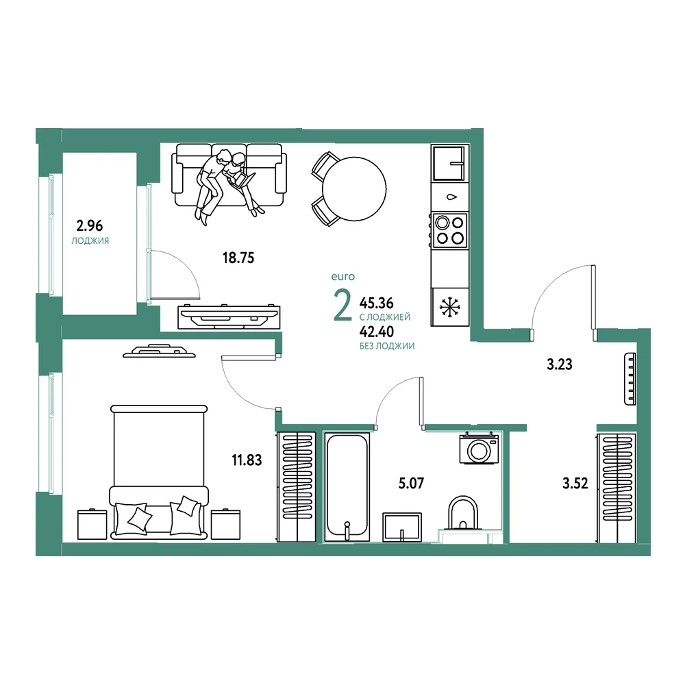 Планировка: Сердце Сибири 2-комнатная 45,36м²