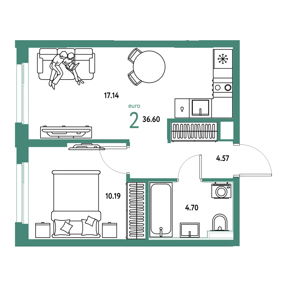 Планировка: Сердце Сибири 2-комнатная 36,60м²