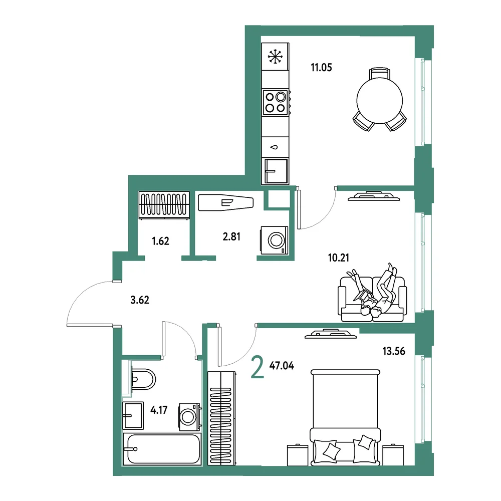 Планировка: Сердце Сибири 2-комнатная 47,04м²