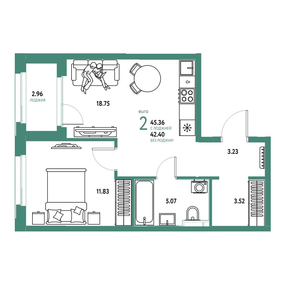 Планировка: Сердце Сибири 2-комнатная 45,36м²