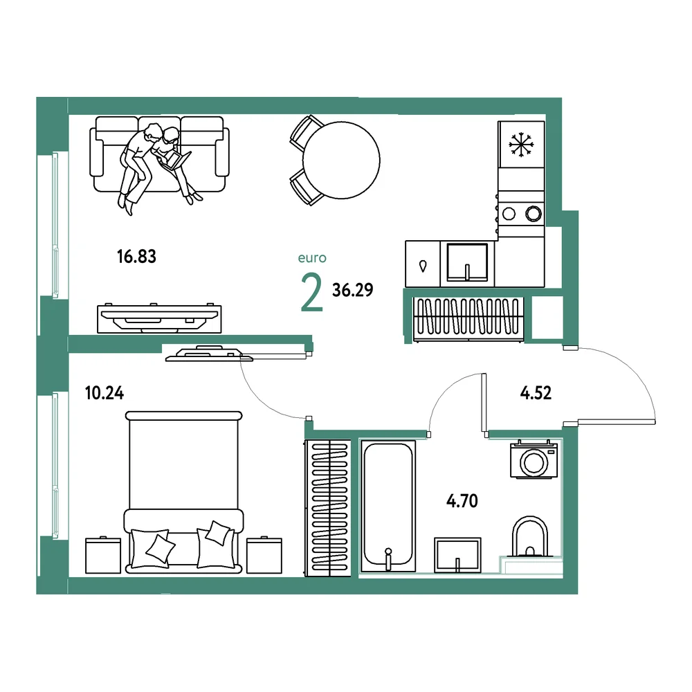 Планировка: Сердце Сибири 2-комнатная 36,29м²