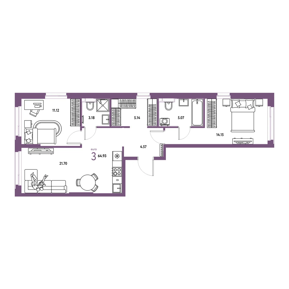 Планировка: Сердце Сибири 3-комнатная 64,93м²