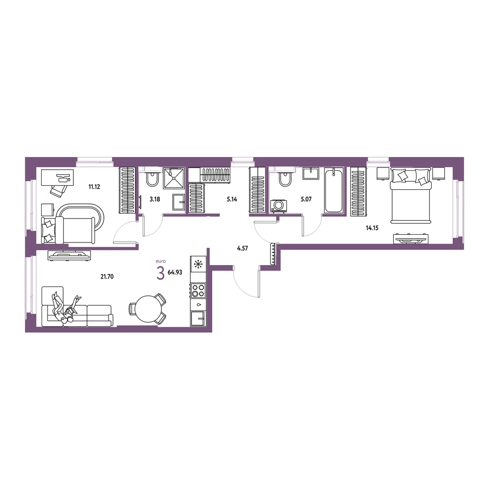 Планировка: Сердце Сибири 3-комнатная 64,93м²