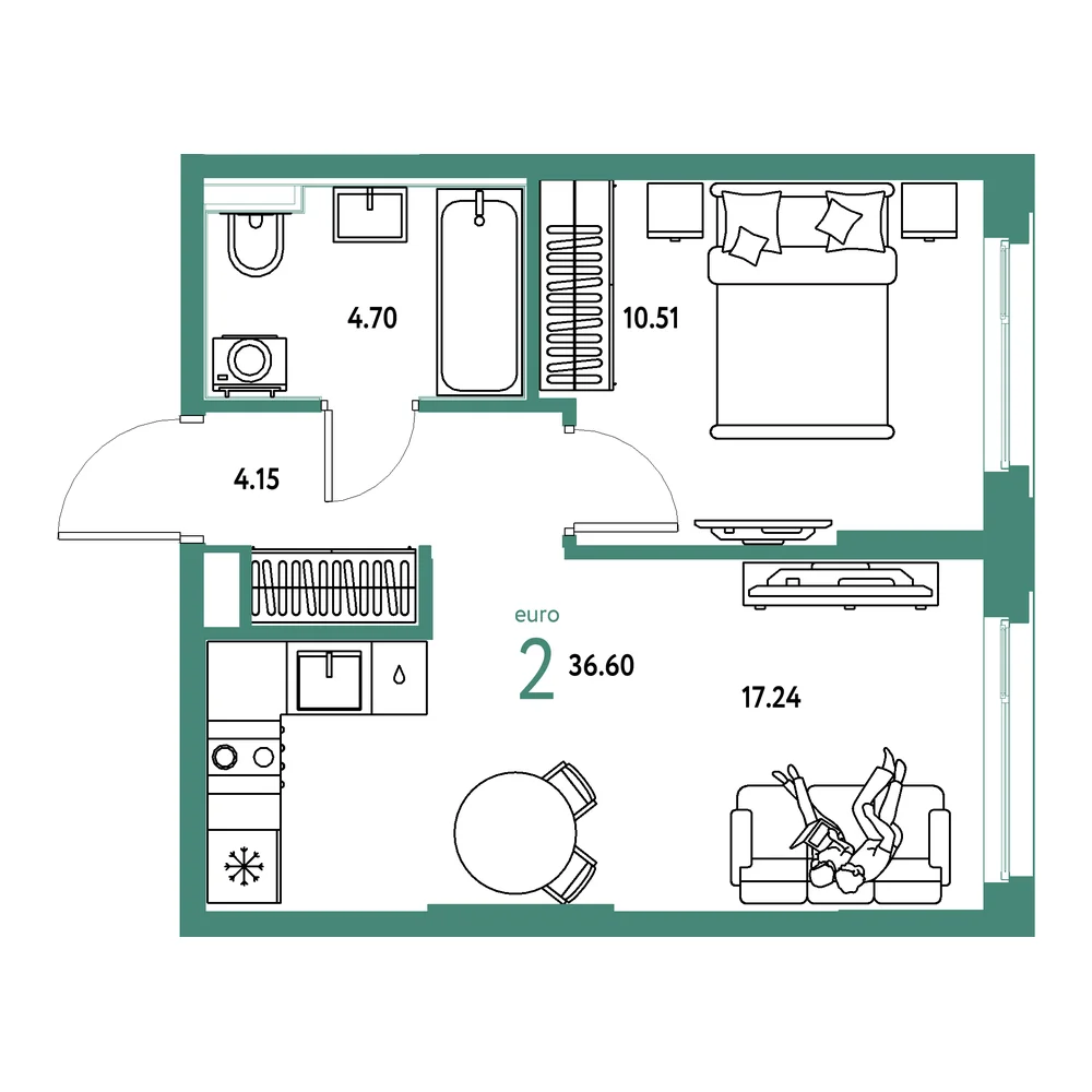 Планировка: Сердце Сибири 2-комнатная 36,60м²