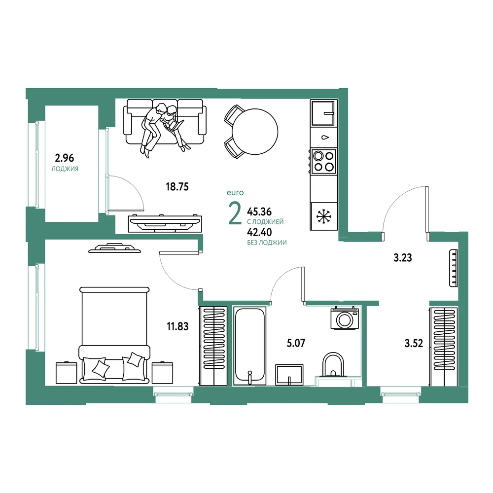 Планировка: Сердце Сибири 2-комнатная 45,36м²