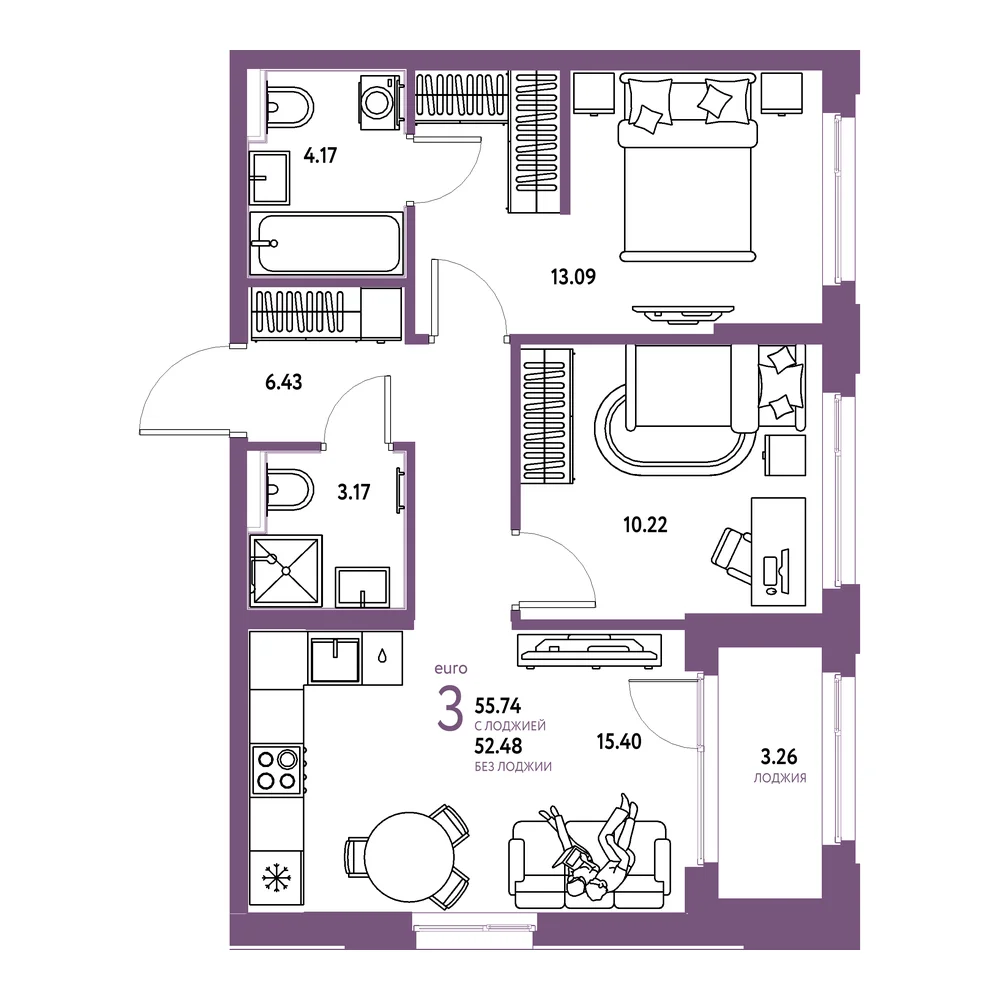 Планировка: Сердце Сибири 3-комнатная 55,74м²