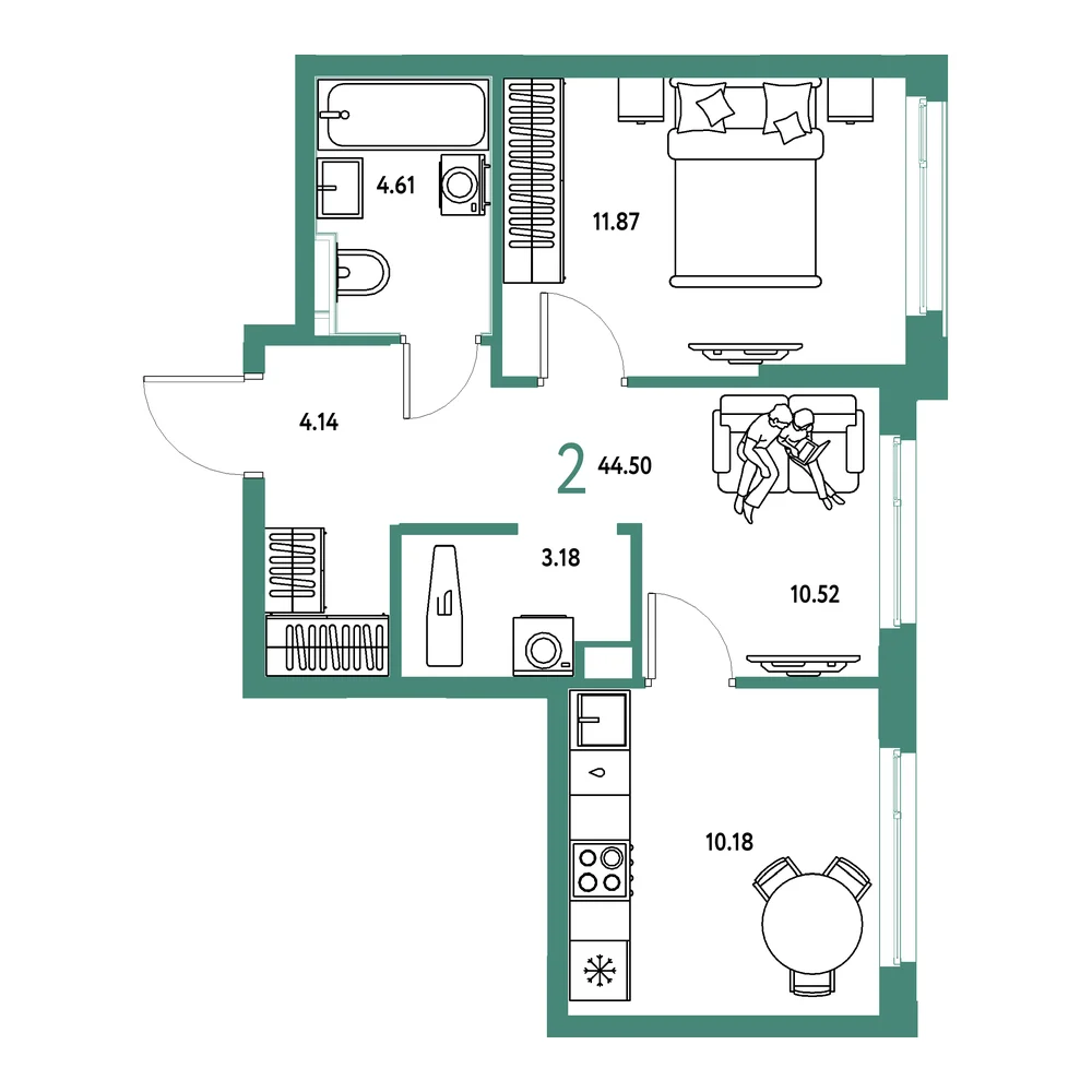 Планировка: Сердце Сибири 2-комнатная 44,50м²