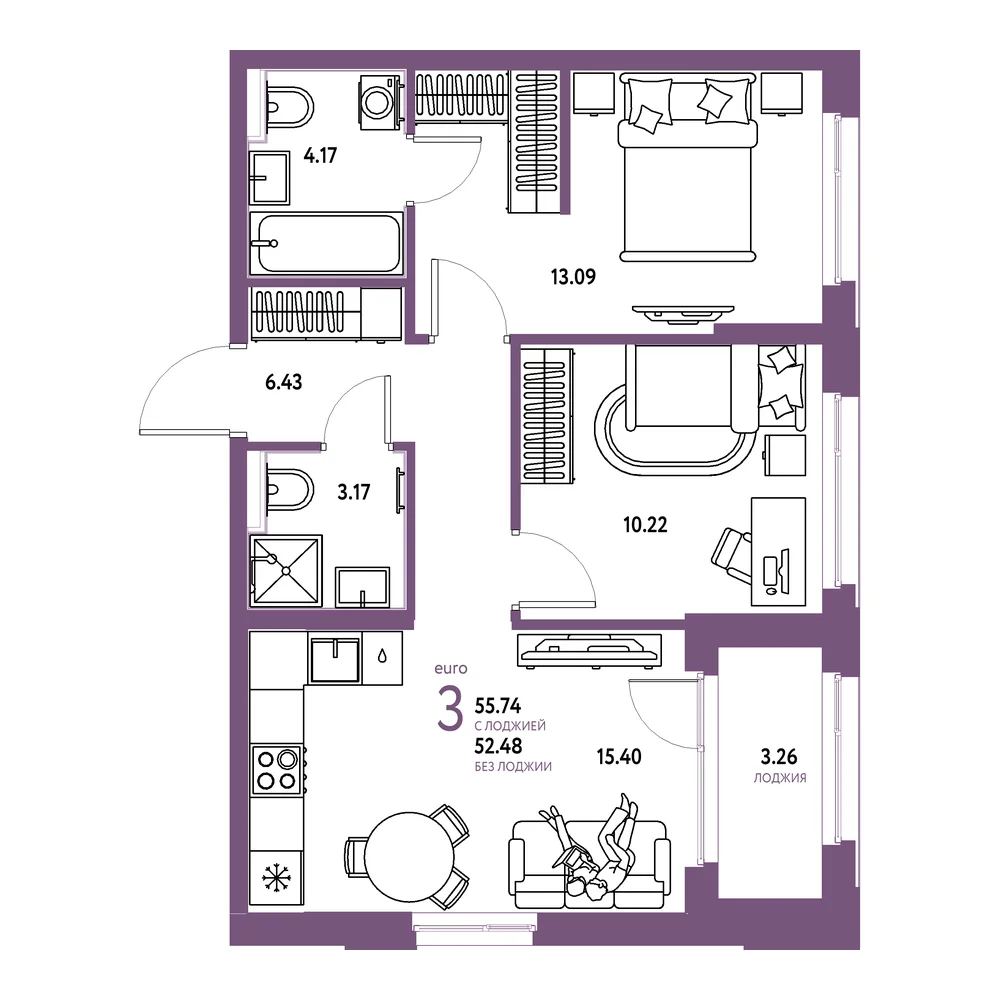 Планировка: Сердце Сибири 3-комнатная 55,74м²