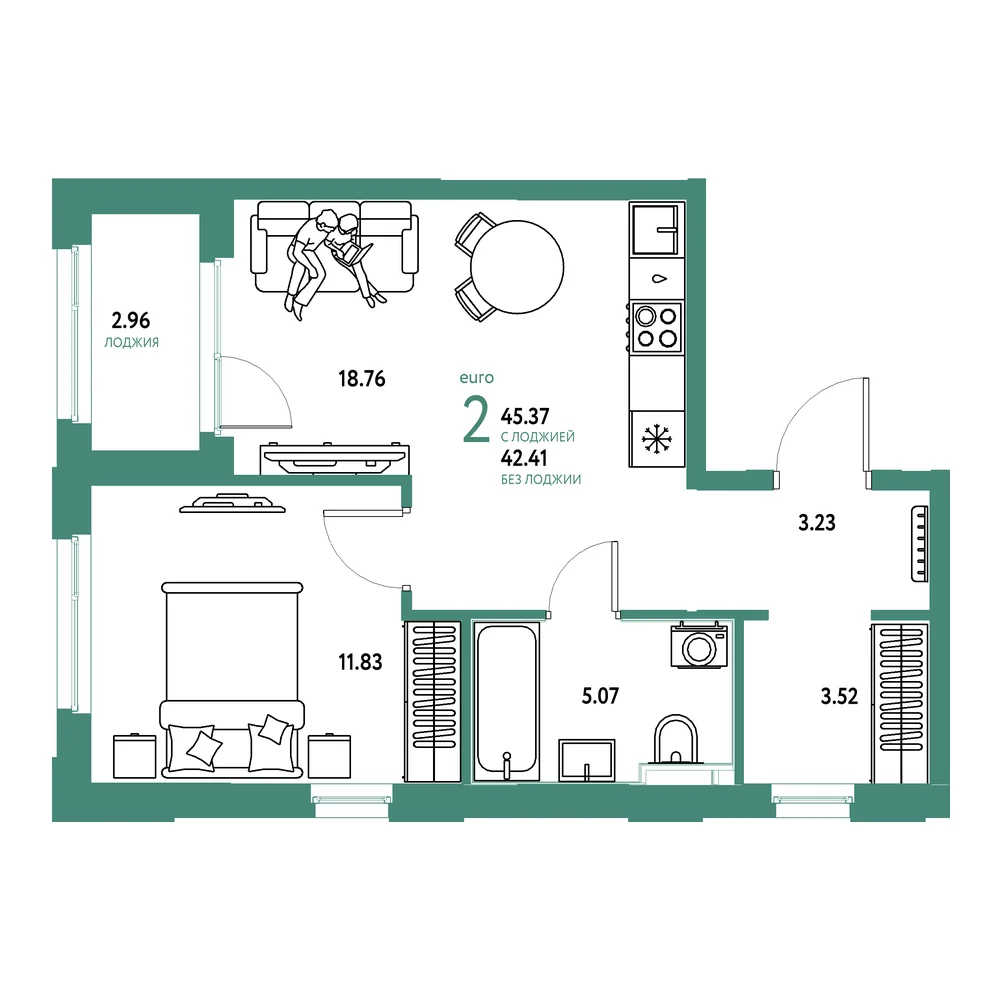 Планировка: Сердце Сибири 2-комнатная 45,37м²