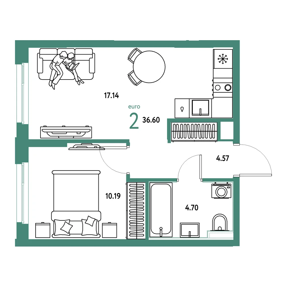 Планировка: Сердце Сибири 2-комнатная 36,60м²