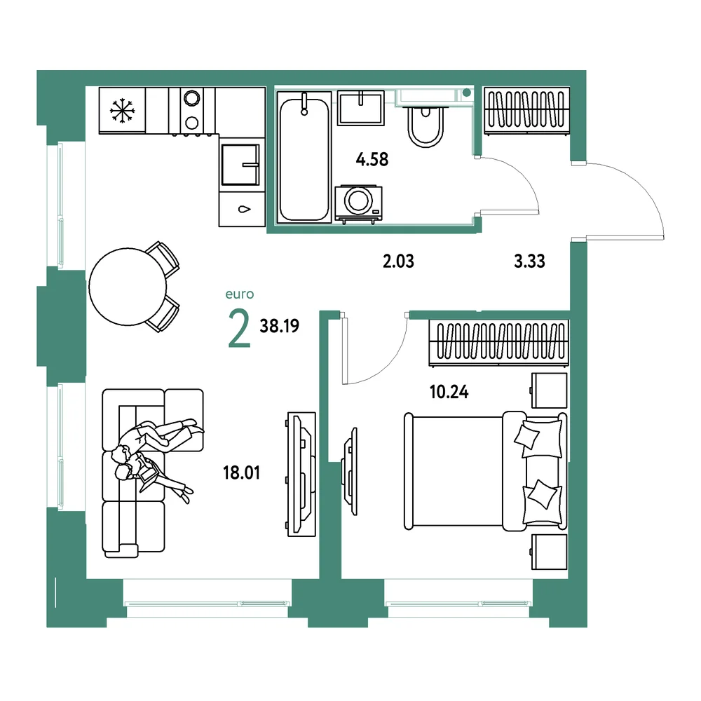 Планировка: Сердце Сибири 2-комнатная 38,19м²