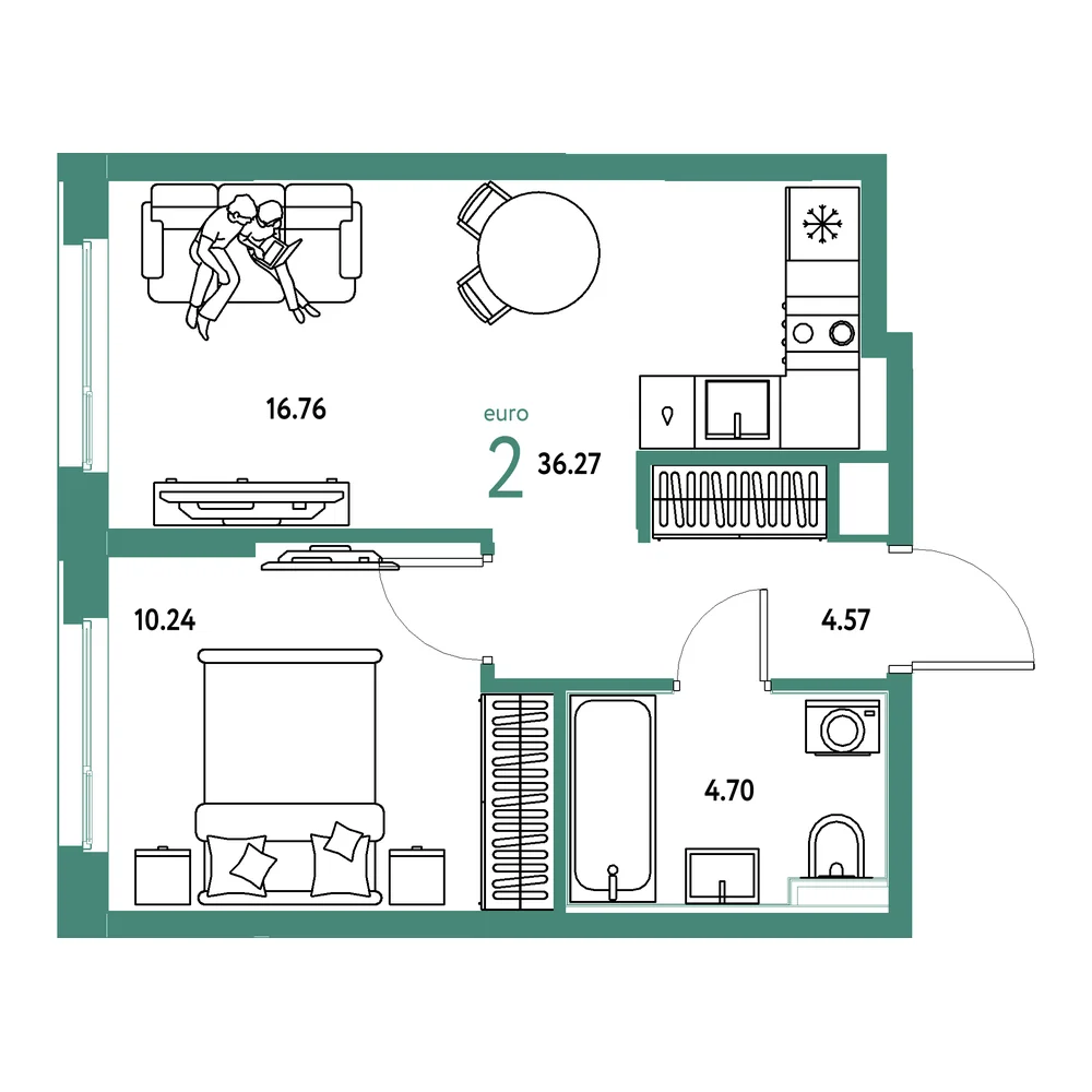 Планировка: Сердце Сибири 2-комнатная 36,27м²