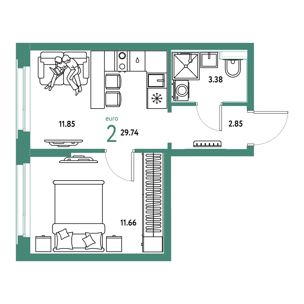 Планировка: Сердце Сибири 2-комнатная 29,74м²