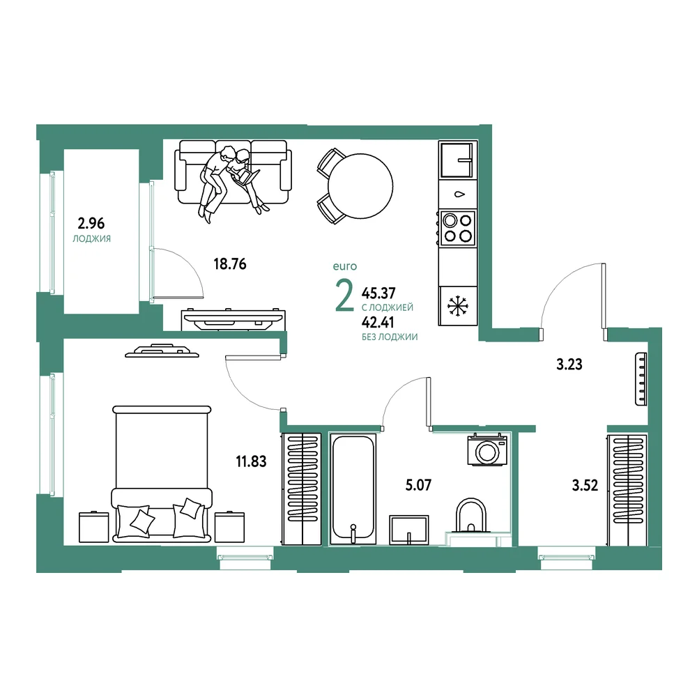Планировка: Сердце Сибири 2-комнатная 45,37м²