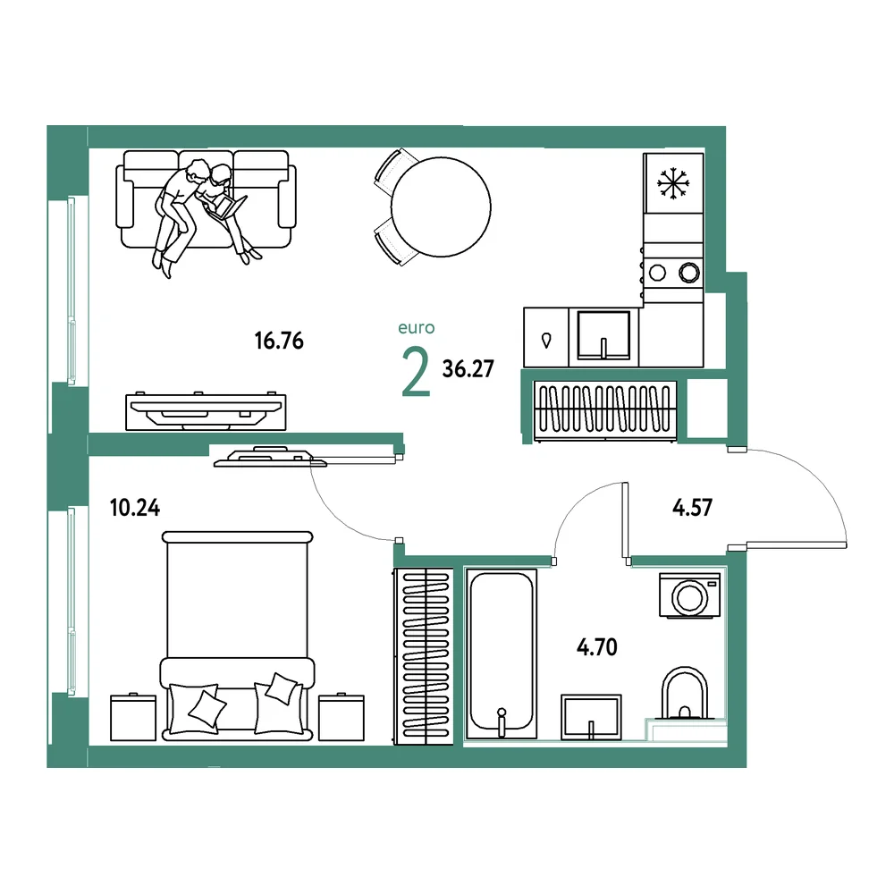 Планировка: Сердце Сибири 2-комнатная 36,27м²