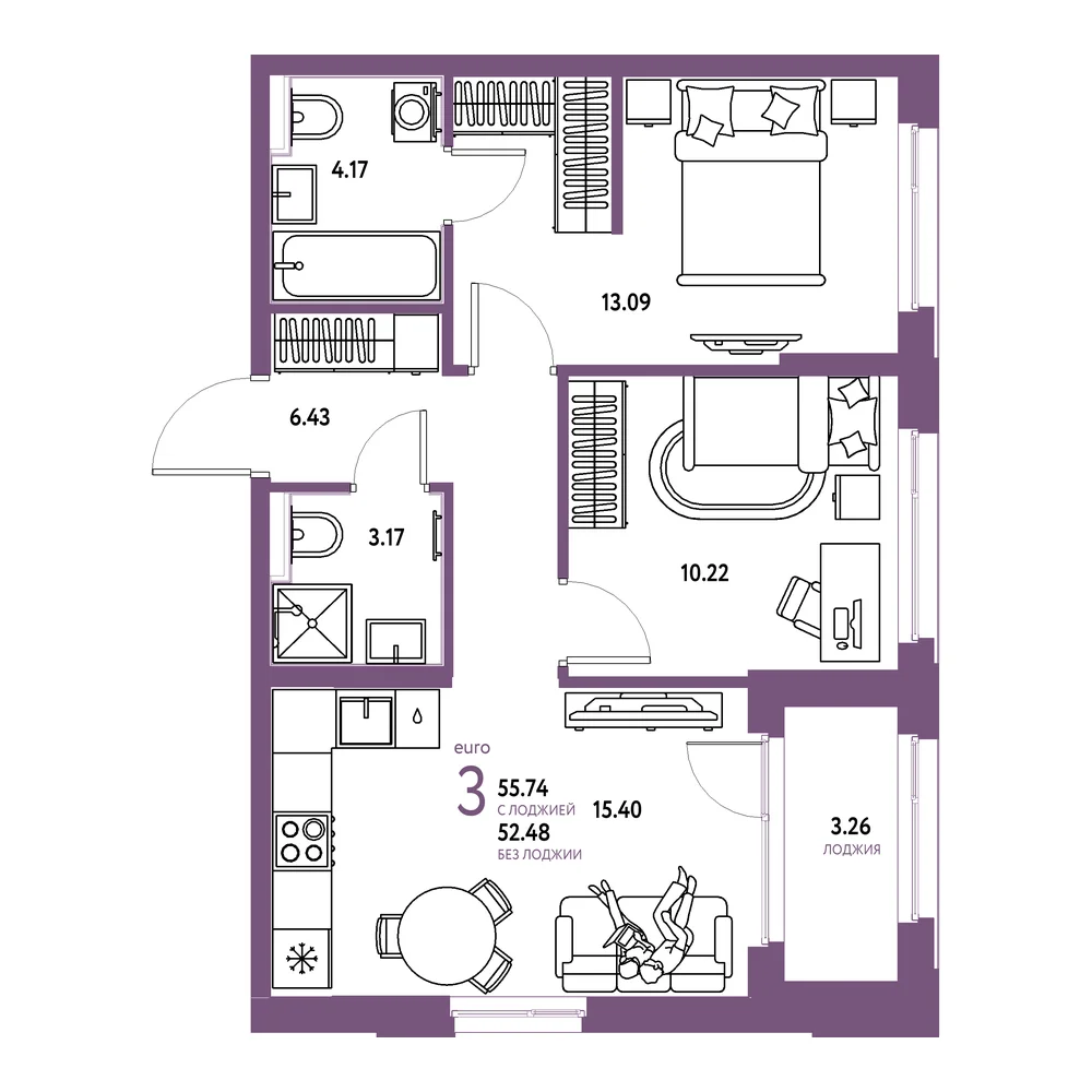 Планировка: Сердце Сибири 3-комнатная 55,74м²