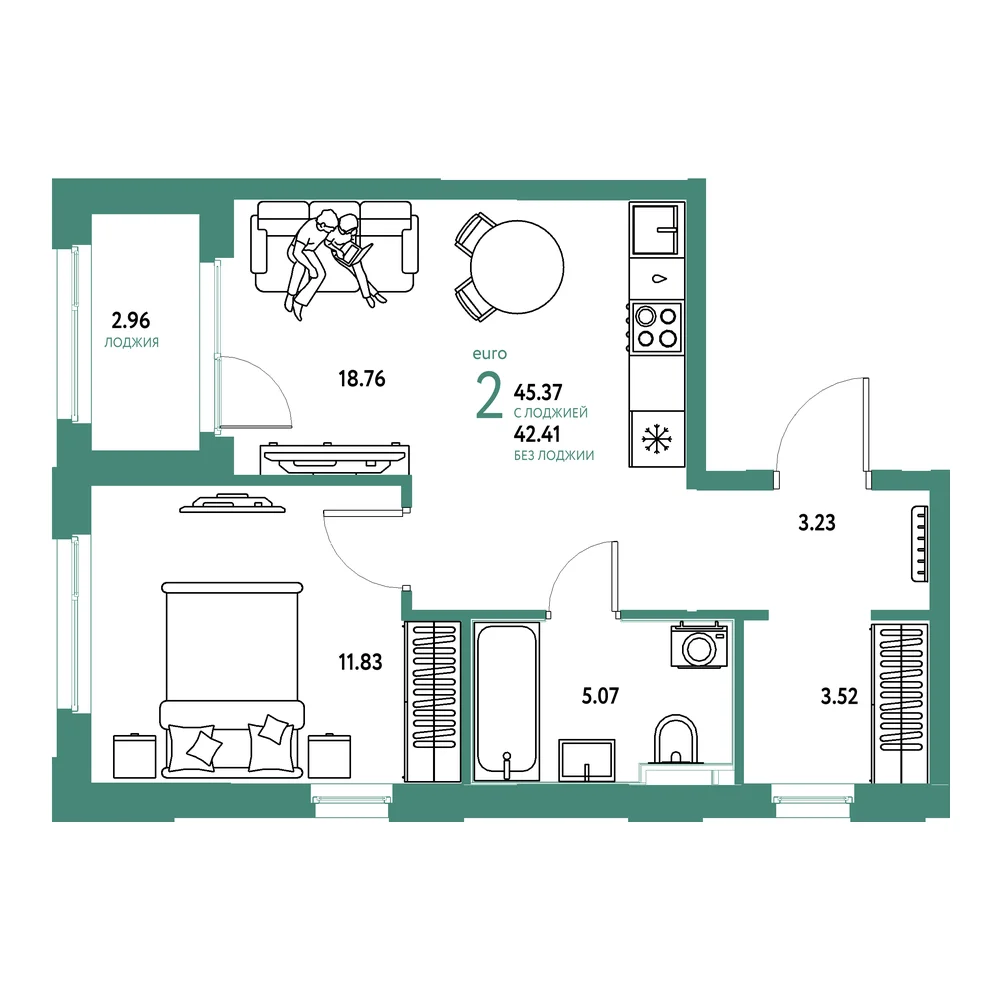 Планировка: Сердце Сибири 2-комнатная 45,37м²