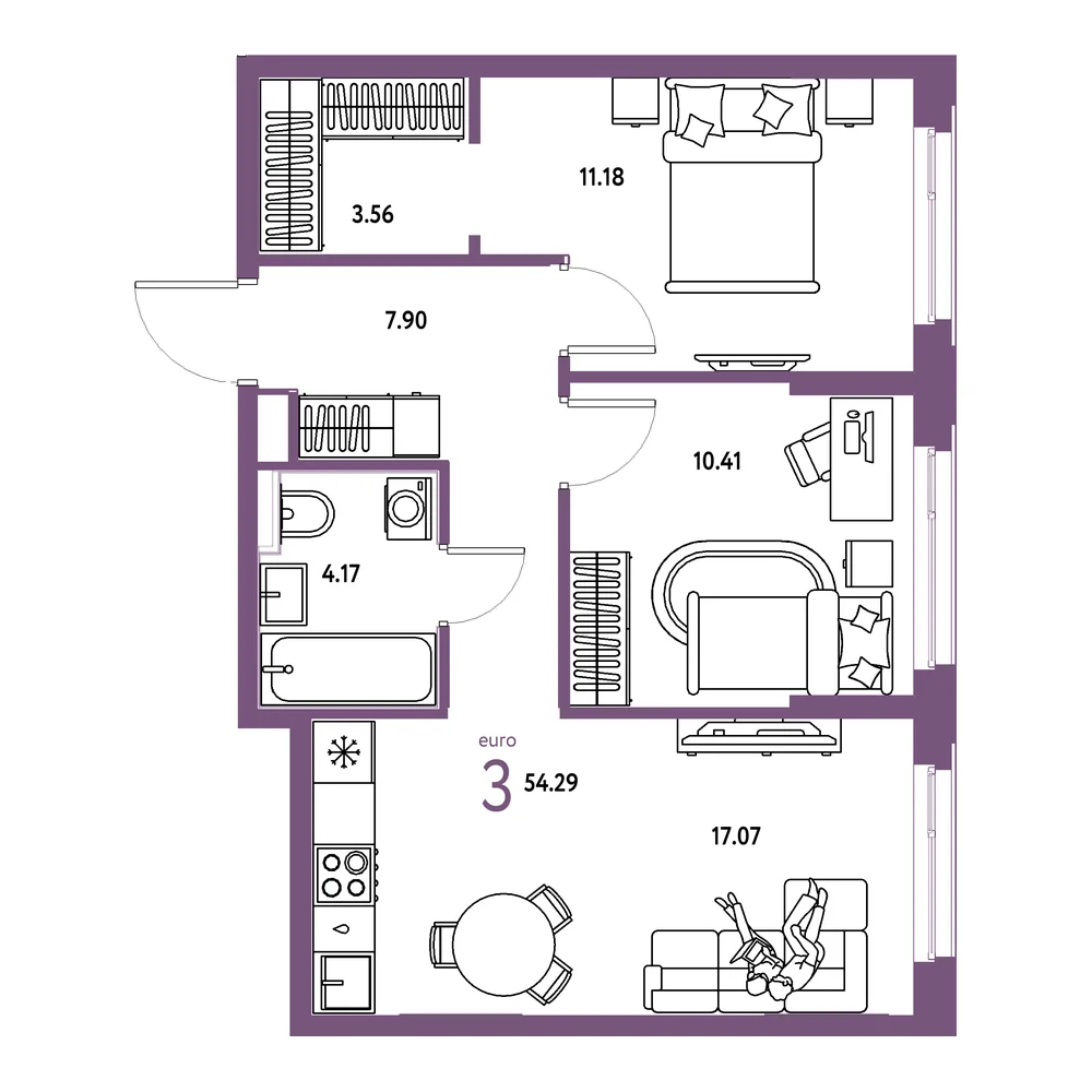 Планировка: Сердце Сибири 3-комнатная 54,29м²