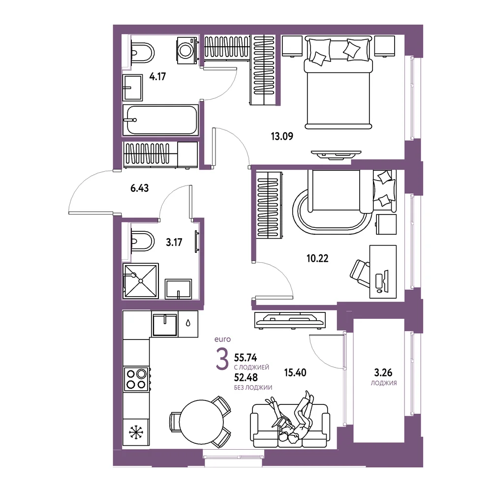 Планировка: Сердце Сибири 3-комнатная 55,74м²