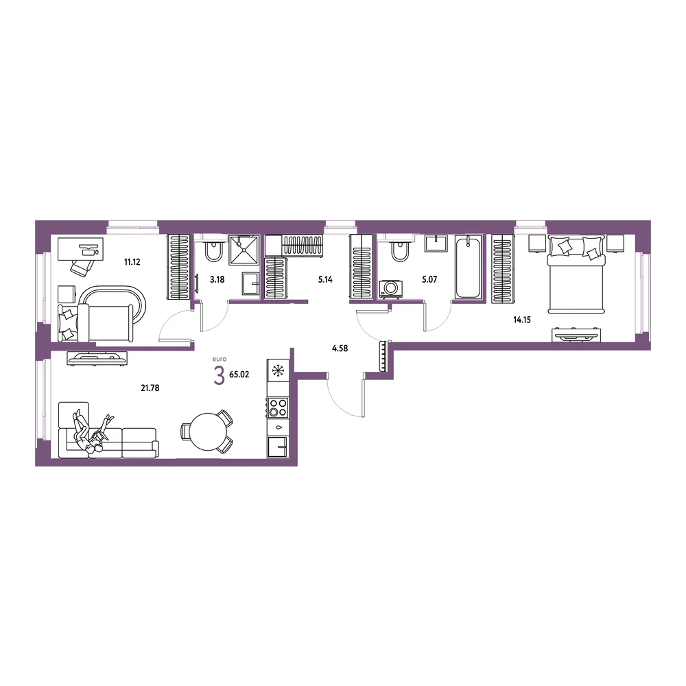 Планировка: Сердце Сибири 3-комнатная 65,02м²