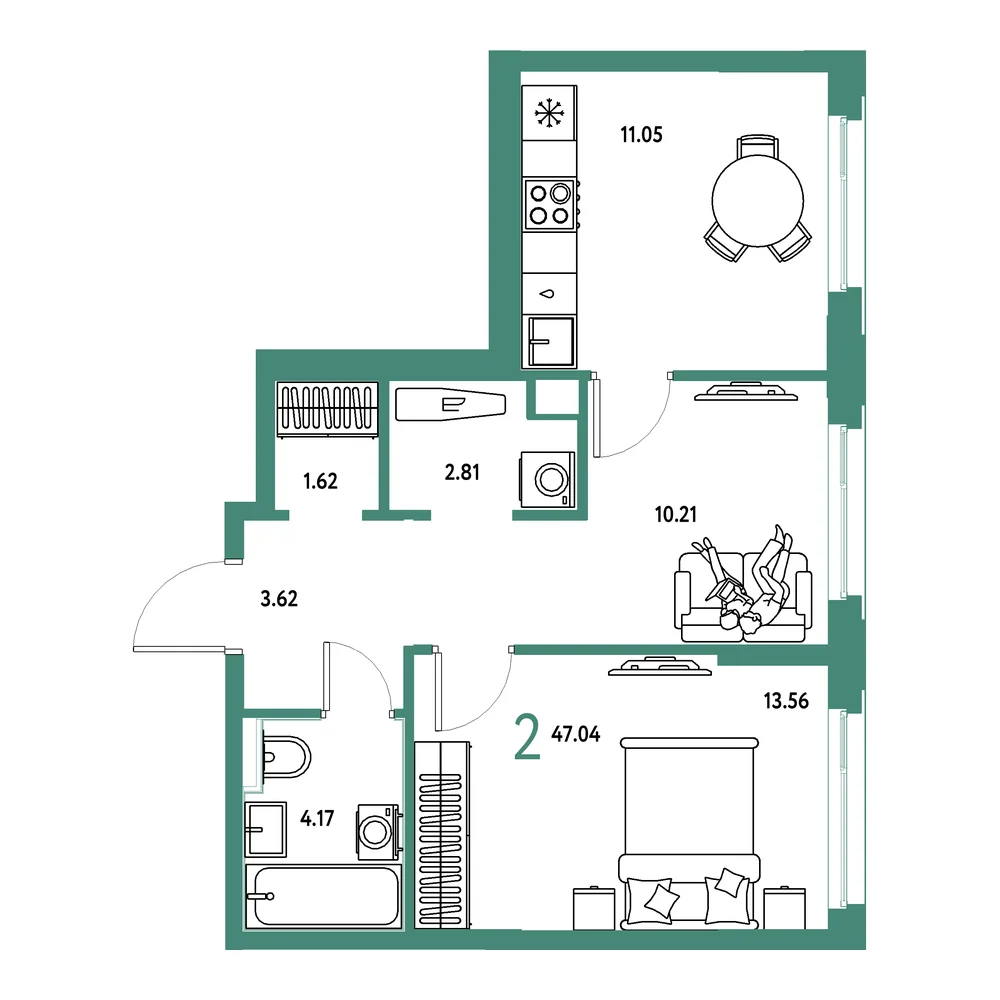 Планировка: Сердце Сибири 2-комнатная 47,04м²