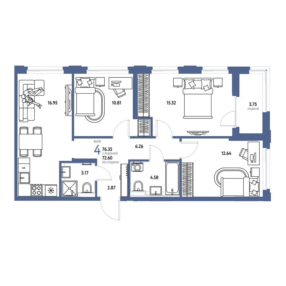Планировка: Сердце Сибири 4-комнатная 76,35м²