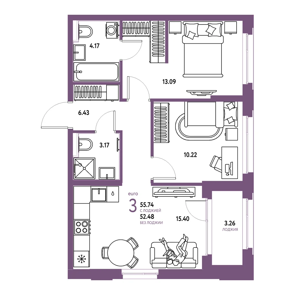 Планировка: Сердце Сибири 3-комнатная 55,74м²