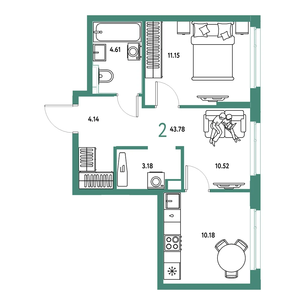 Планировка: Сердце Сибири 2-комнатная 43,78м²