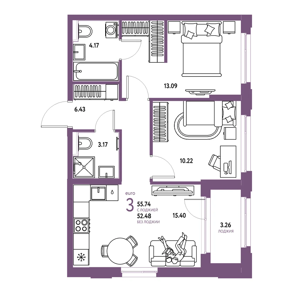 Планировка: Сердце Сибири 3-комнатная 55,74м²