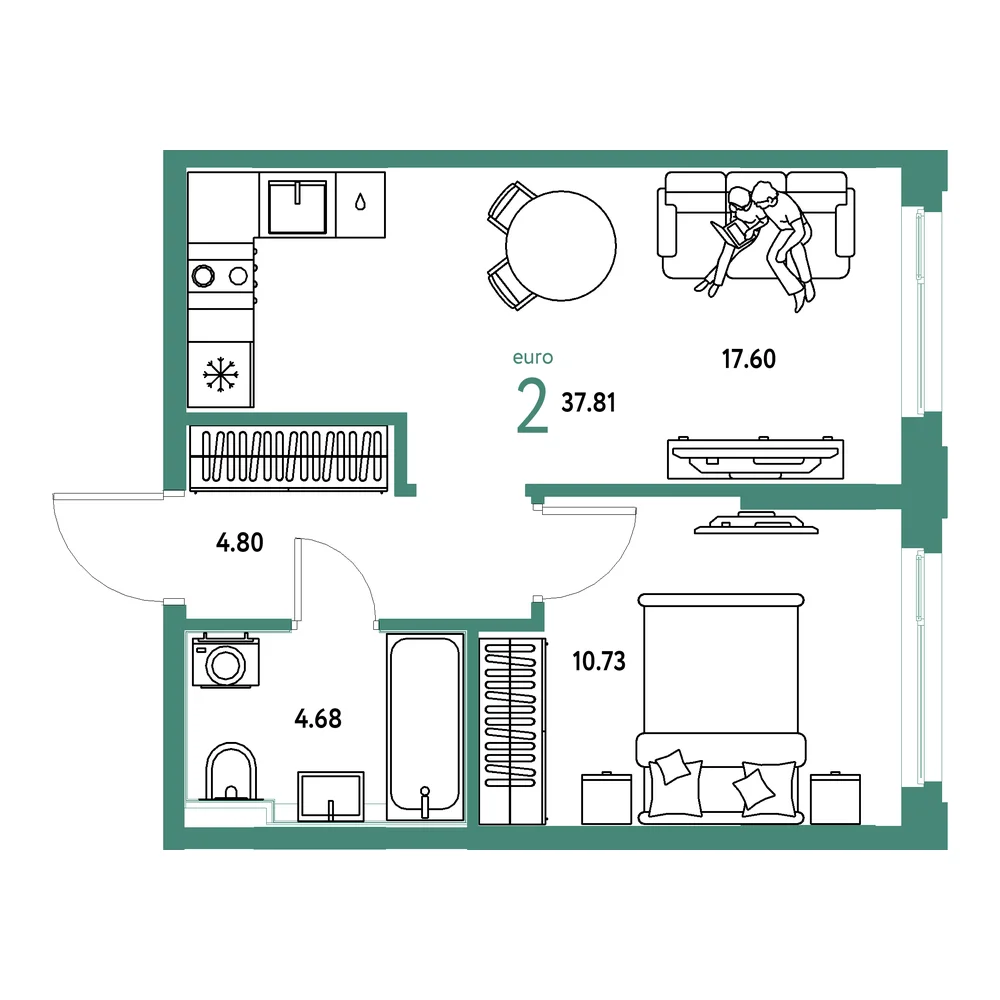 Планировка: Сердце Сибири 2-комнатная 37,81м²