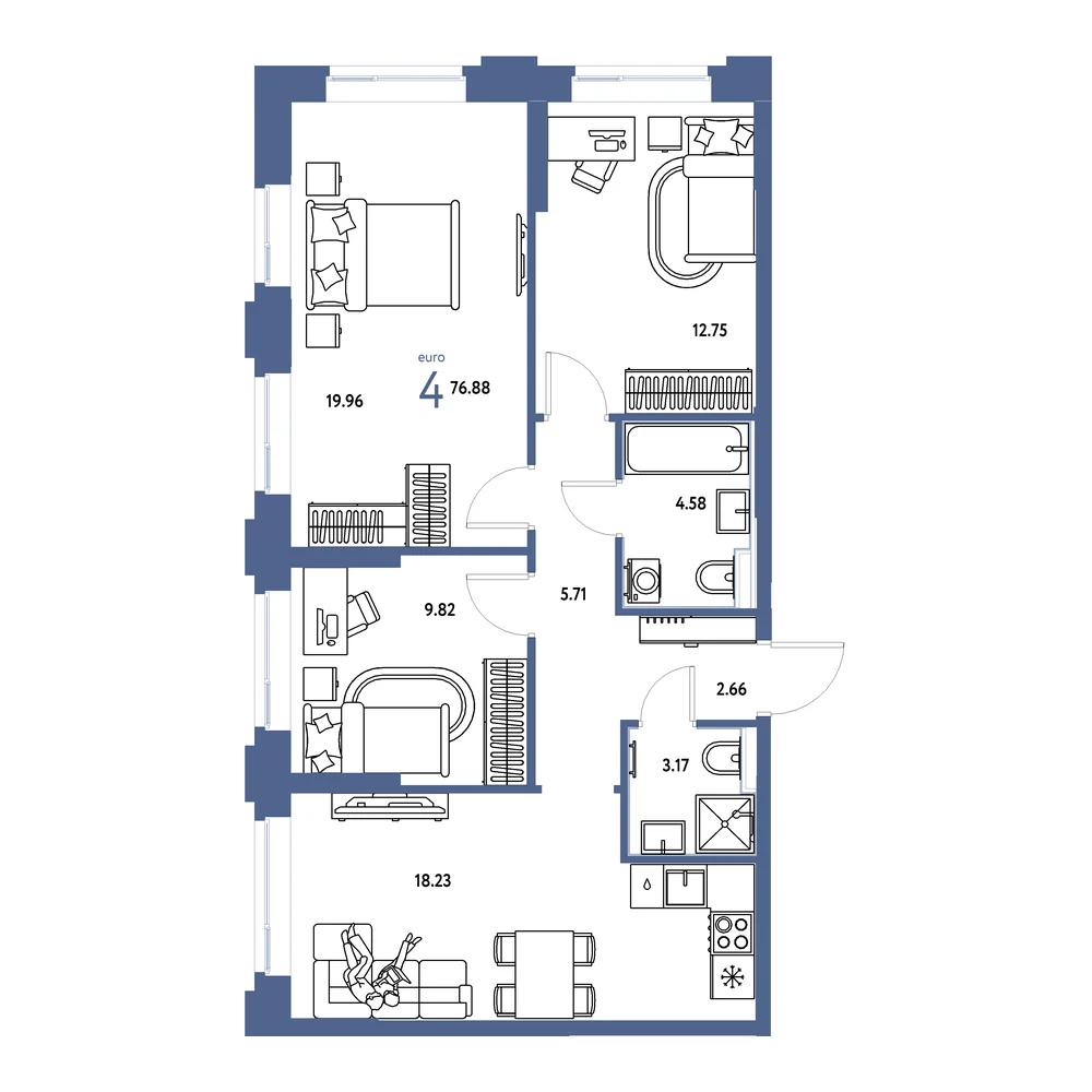 Планировка: Сердце Сибири 4-комнатная 76,88м²